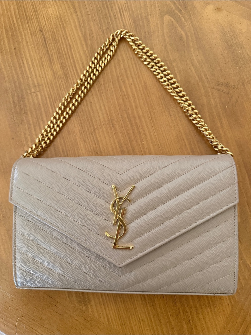 Saint Laurent Beige Chevron Quilted Chain Shoulder Bag with Gold Hardware